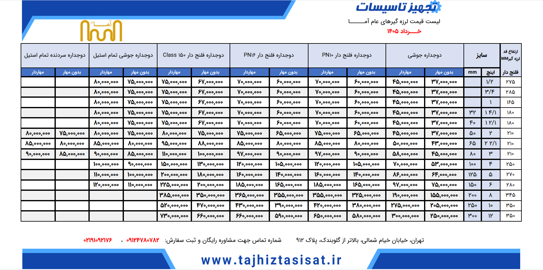 لیست قیمت لرزه گیر آکاردئونی آما 1405