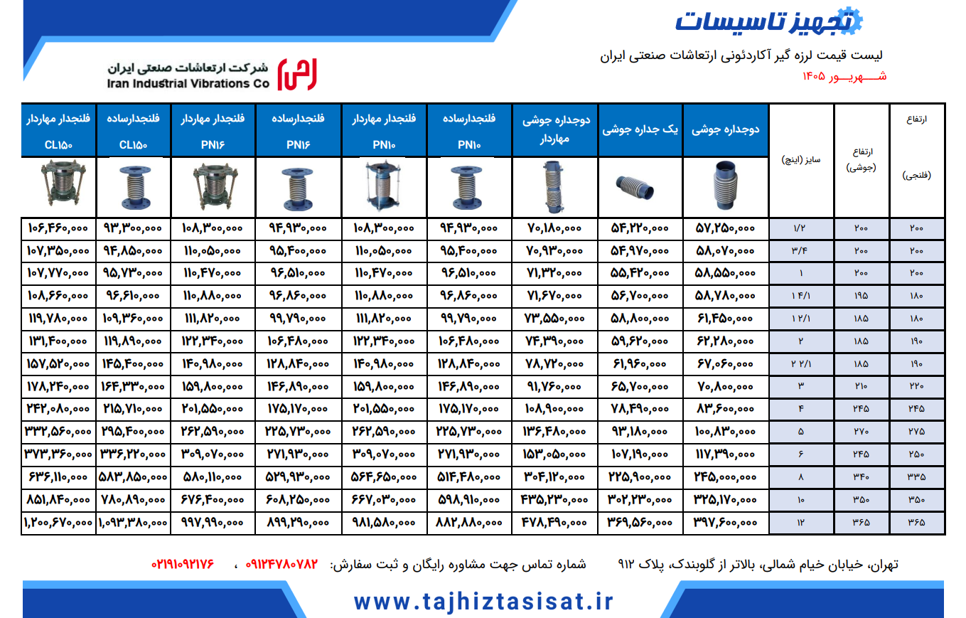 لیست قیمت لرزه گیر آکاردئونی ارتعاشات صنعتی ایران